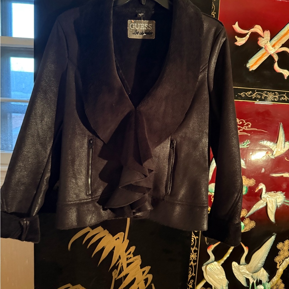 Black leather Guess jacket with suede collar detail